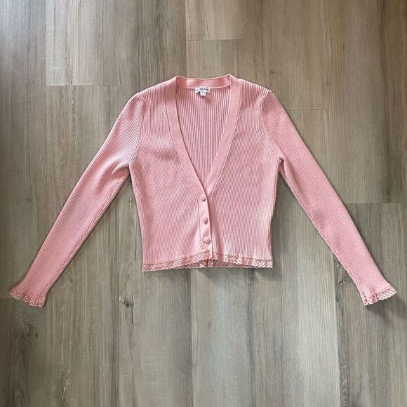 For Love & Lemon Women’s Medium Nina Pink Long Sleeve Knit Cardigan Sweater - Picture 1 of 10